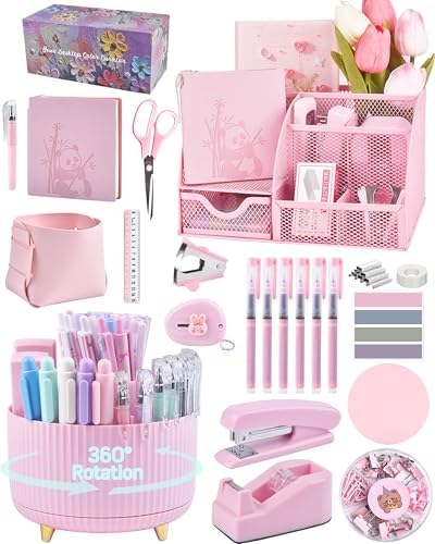 Pink Desk Accessories and Organizers with Desk Organizer and 360°Rotating Pen Holder stapler Pen and a Lot of Office Pink Office Supplies Beautifully Presented in a Gift Box