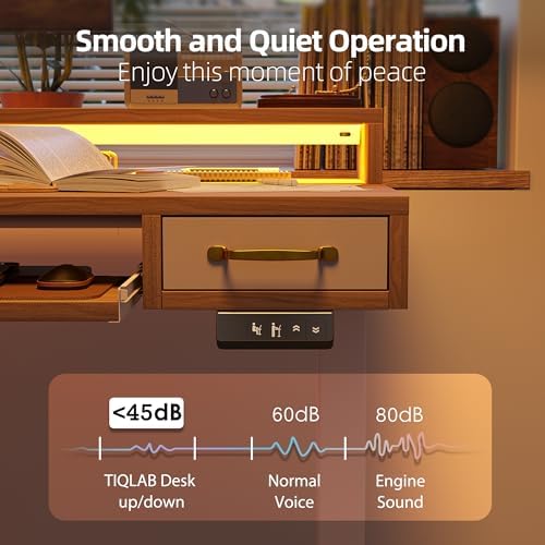 TIQLAB Standing Desk with Two Drawers, Stand Up Standing Desk Adjustable Height, Electric Sit Stand Table with Storage Shelf and Splice Board, with LED Light, 55 * 28 inch, Light Walnut