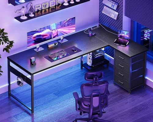 AODK 67" L Shaped Gaming Desk with 4 Drawers and Power Outlets, Black