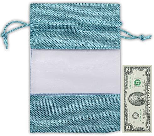 48-Pack X-Large Linen Burlap & Organza Gift Bags w. Drawstrings (7.5x11.5 in, Teal) - Party Favors, Presents, Samples & Treats Mesh Pouch by The Display Guys