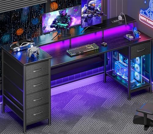 Korfile 61 Inch Gaming Computer Desk with Power Outlets,LED,5 Drawers,Black