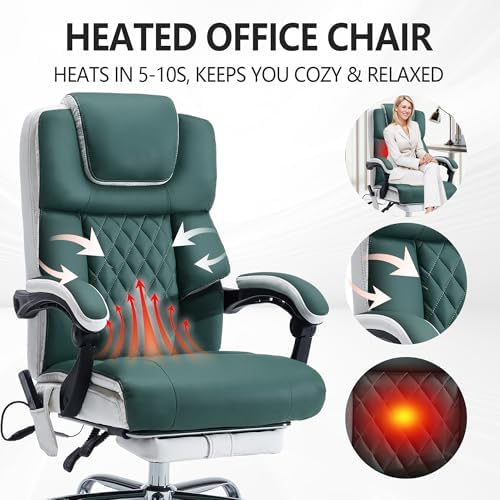 Massage Office Chair 6 Points 500lbs with Footrest,Reclining Leather Desk Chair with Vibration Heat,Executive Big and Tall Chairs for Heavy People,Adjustable Height Ergonomic Green