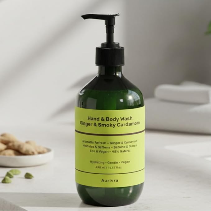 Hydrating Ginger & Smoky Cardamom Hand and Body Wash, 98% Natural, Vegan, Gentle Moisturizing Cleanser for All Skin Types, Paraben & Gluten-Free, Eco-Certified