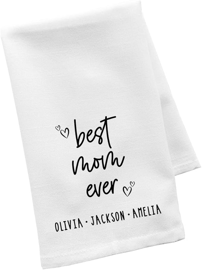 Andaz Press Personalized Kitchen Towel, Flour Sack Tea Towel, Best Mom Ever Custom Kid Names Kitchen Gifts Birthday for Mom Daughter, Grandma Her, Wife, Kitchen Decor, Hand Towel