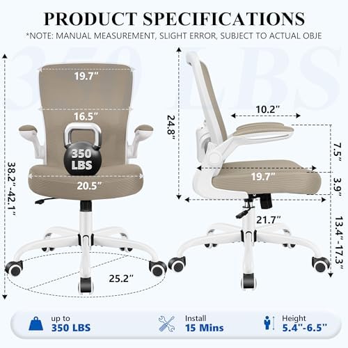 FelixKing Office Chair, Ergonomic Desk Chair Breathable Mesh Chairs Adjustable High Back Lumbar Support Flip-up Armrests, Executive Rolling Swivel Comfy Computer Chairs Home Office Khaki