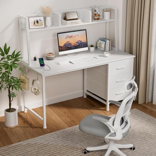 DLisiting White Computer Desk with Hutch & Drawers - 47 Inch Modern Study Writing Office Desk with 3 Storage Drawers and Power Outlets for Bedroom Home Office