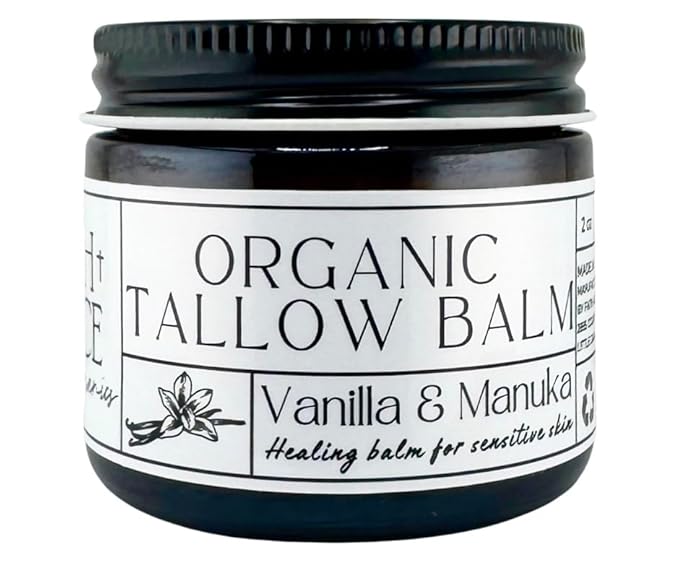 Faith and Grace Organics, Organic Tallow Balm, Vanilla and Manuka Honey, All-purpose Moisturizer, Safe for sensitive skin, Healing balm, 2 oz glass jar