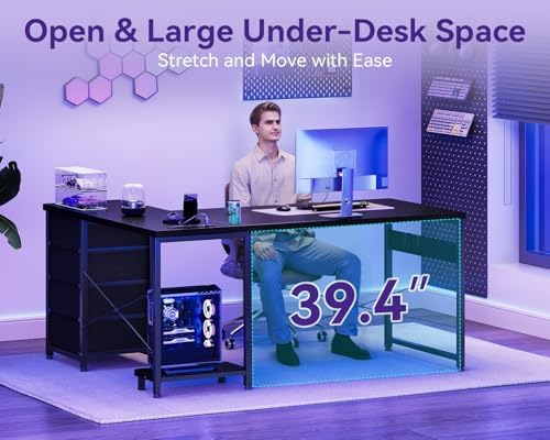 AODK 53" L Shaped Gaming Desk with 4 Drawers and Power Outlets, Black
