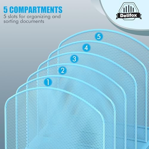 Delifox Inclined Desk File Organizer,Vertical File Folder Holder Stand Metal Rack File Sorter for Office Classroom Desktop Organization (2, Blue, 5)