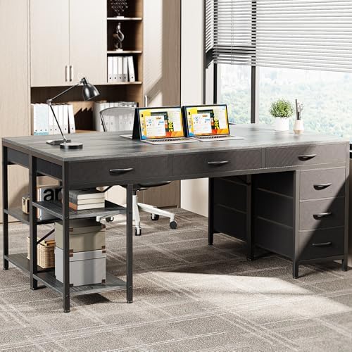 Huuger Computer Desk with 6 Drawers, Office Desk with Shelves, Reversible Gaming Desk, Corner Desk with Storage, Work for Home Office, Study, Living Room, 63inch, Grey