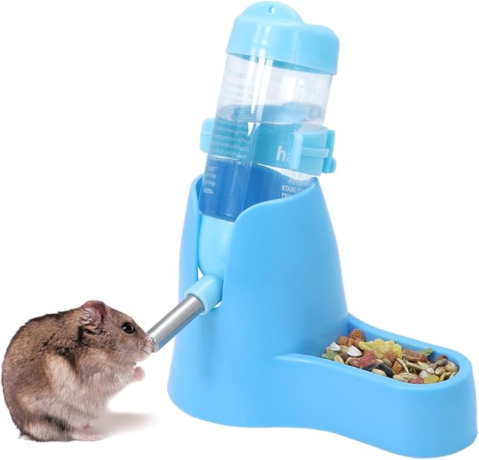 Wontee 3 in 1 Hamster Water Bottle with Food Bowl Hideout Base, 80ML, Blue | Water dispenser, food container, hideout, stable base, easy to refill, for glass tank/cage, dwarf hamster/mouse/gerbil, 2.7oz