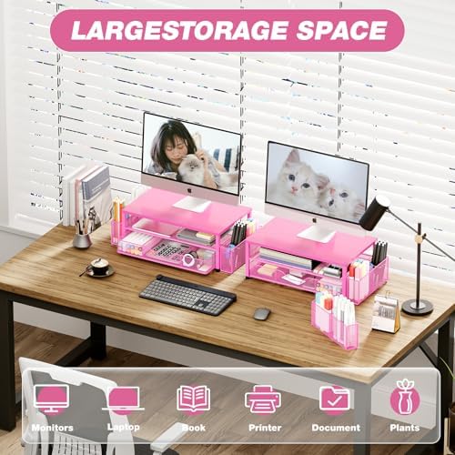 OPNICE Desk Organizers and Accessories, Computer Monitor Stand Riser with Drawer and 2 Pen Holders, Printer & Laptop Stand, Office Desk Accessories & Workspace Organizers for Home Office Supplies, Carmine Rose