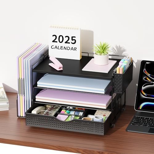 Wood Desk Organizers and Accessories with File Holder, 4-Tier Desk Accessories & Workspace Organizers with Drawer and Pen Holder, Desk Reference Organizer (Black, 4T with Drawer)