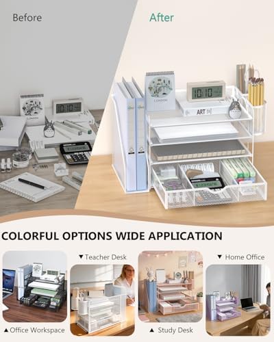 WALI Desk File Organizer, 4 Tier Desktop Paper Letter Tray Organizer with Drawer and 2 Pen Holders, Office Desk Accessories & Workspace Organizers for Office, Home Supplies(DO005DH-W), 1 Pack, White