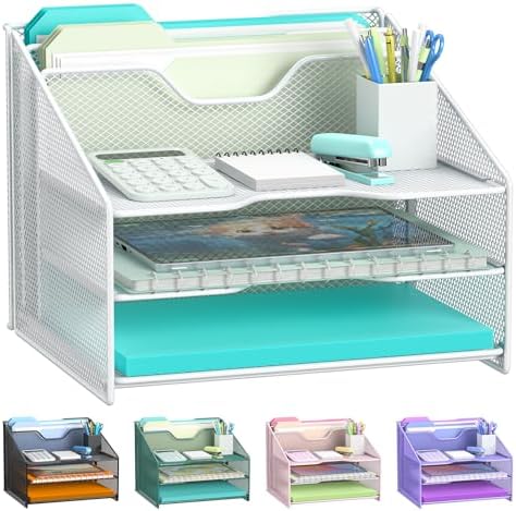 Samstar White Desk File Organizer, Mesh Letter File Folder Holder with 3 Paper Trays and 2 Vertical Upright Section, for Office Supplies, Desk Accessories & Workspace, White