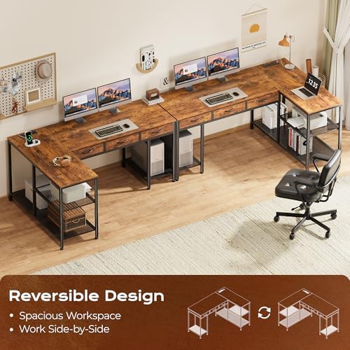 PRAISUN 55 Inch L Shaped Office Desk with Power Outlets and Type-C Port, Large Computer Gaming Desk with 3 Fabric Drawers, Mesh Shelves, Corner Study Work Writing Desk, Rustic Brown