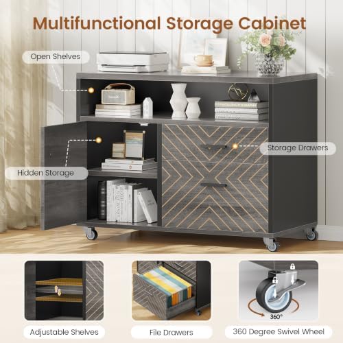 SEDETA 71" Executive Desk with Rolling File Cabinet, Large Office Desk with Drawers, L Shaped Computer Desk with Power Outlets, CPU Stand, Pegboard and Storage Shelves, Gray