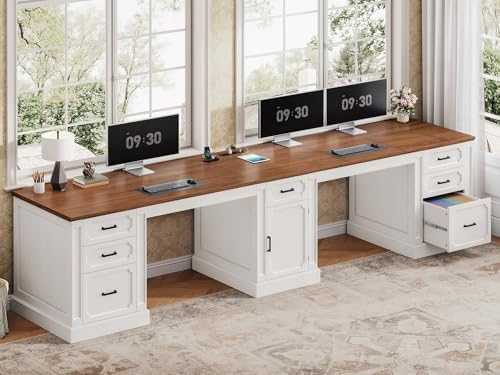 SEDETA Farmhouse 110.3" Two Person Desk with 7 Drawers, Long Computer Desk with Storage Cabinet, 2 Person Desk with Power Outlets for Home Office, White+Brown