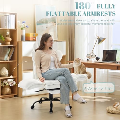 Flip Armrests Criss Cross Office Chair, Reclining Office Chair with Foot Rest, Adjustable Headrest, Massage Waist Pillow, Cross Legged Big and Tall Desk Chair Wide Seat Vanity Chair, White Fabric