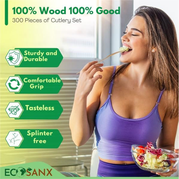 300 PCs Wooden disposable knives for eating, Splinter Free compostable knives - Eco-Friendly - 100% Natural wooden knife for Party & Events - Disposable wooden cutlery for Outdoor, Travelling & More