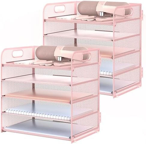 2 Pack Letter Tray 5-Tier Desk Organizer File Paper Holder with Handle, Metal Desktop Document Shelf Tray Office Classroom Organization - Pink