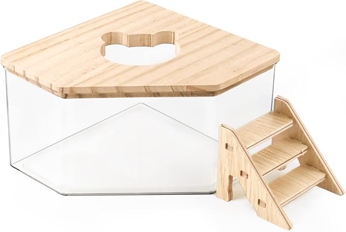 Hamster Sand Bath, Pentagon Acrylic Hamster Dig Box with Wood Cover, Sand Bath for Hamsters, Small Animals