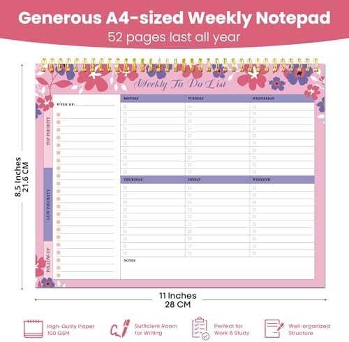 Weekly To Do List Notepad with 52 Undated Sheets（8.5"×11"）- Undated Weekly Planner Notepad for Office Desk Accessories and Supplies - Petal Pink