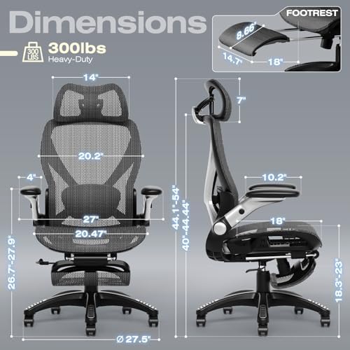 ELABEST X100 Ergonomic Mesh Office Chair with Footrest, Big and Tall Hone Desk Chair with 5D Flip-Up Arms, Adjustable 3D Lumbar Support,Gaming & Executive Computer Chairs