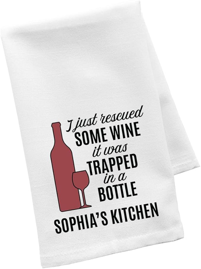 Andaz Press Funny Personalized Kitchen Towel, Flour Sack Tea Towel, I Just Rescued Some Wine It was Trapped in A Bottle Custom Name Kitchen, Housewarming Birthday for Mom, Daughter