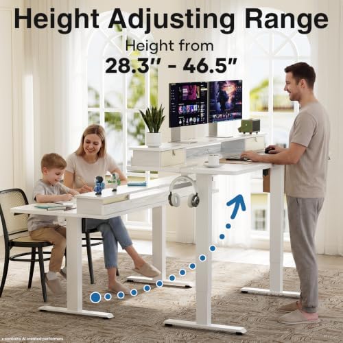 Veken 55x26 in Electric Standing Desk with Drawers, Adjustable Table, White