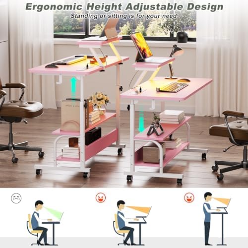 Height Adjustable Standing Desk with Power Outlets and LED Lights - 32" Manual Stand Up Desk with Monitor Stand and Storage Shelves Small Mobile Rolling Computer Desk Portable Laptop Table, Pink