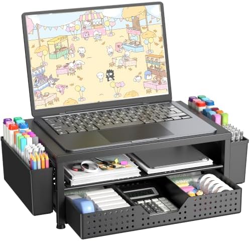 OPNICE Desk Organizer and Accessories, 2-Tier Computer Monitor Stand Riser with Drawer and 2 Pen Holders, Laptop Stand, Office Desk Accessories for Office Supplies, Light Black