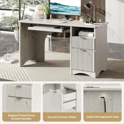 Bestier 55 Inch Computer Desk with Keyboard Tray, File Drawer, White