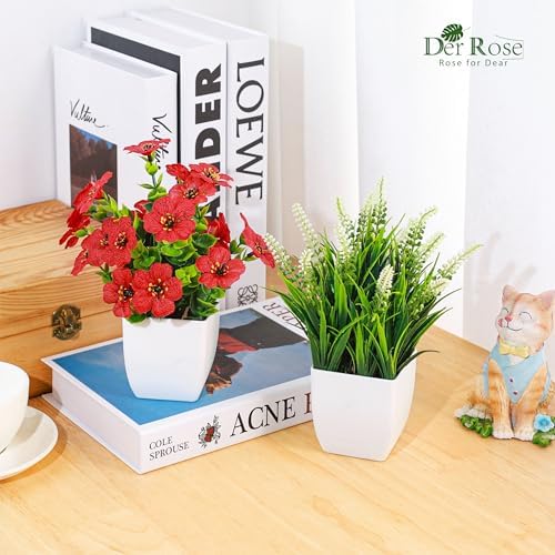 Der Rose 4 Pack Small Artificial Flowers in White Pots, Spring Home Decor