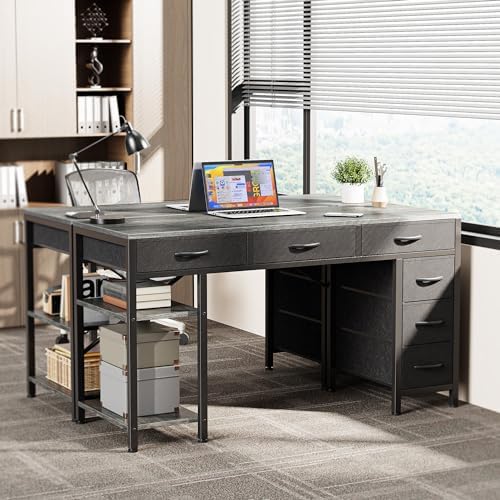Huuger Computer Desk with 6 Drawers, Office Desk with Shelves, Reversible Gaming Desk, Corner Desk with Storage, Work for Home Office, Study, Living Room, 47inch, Grey