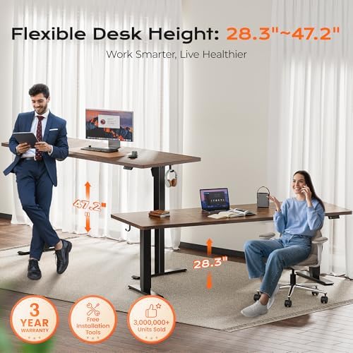 Huuger 78.7'' x 29.5'' Large Electric Standing Desk, Height Adjustable Computer Desk, 29.5" Deep Desktop, Stand up Gaming Office Desk with 2 Hooks, 3 Preset Heights, for Home Office, Rustic Brown