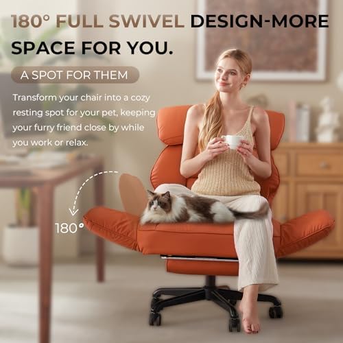 Dowinx Cross Legged Office Chair with Pivoting Armrests,Criss Cross Chair with Pocket Spring Seat & Back,Reclining Computer Gaming Chair with Footrest and Metal Base (Orange)