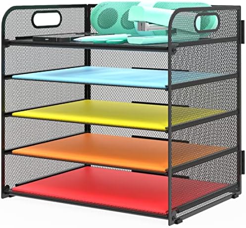 Letter Tray Paper Organizer 5-Tier Desk Organizer File Organizer Paper Holder with Handle, Metal Desktop Document Shelf Tray Office Classroom Organization - Black