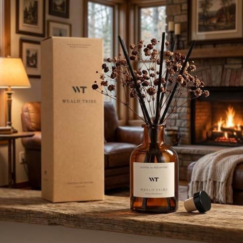 WEALD TRIBE Reed Diffuser Set for Bathroom Air Fresheners, Oil Diffuser Sticks | Vanilla Whiskey Scent 4.0 fl oz Home Fragrance with Sticks Defusers | House Bedroom Office Shelf Decor