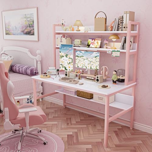 Aquzee Pink Desk with Shelves, Computer Desk with Hutch, 55 Inch