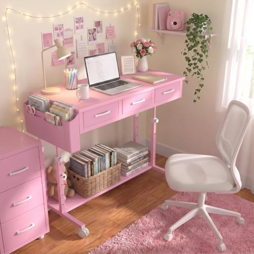 Pink Rolling Desk with Drawers, 40" Height Adjustable Girls Standing Desk