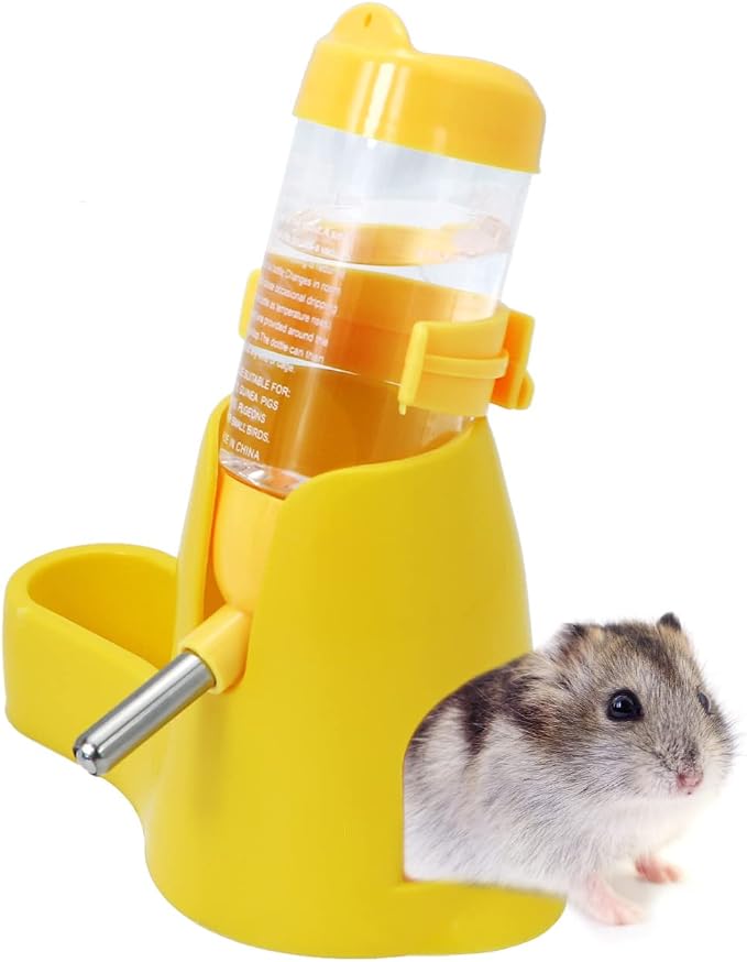 Wontee 3 in 1 Hamster Water Bottle with Food Bowl Hideout Base 80ML, Yellow | Water dispenser, food container, hideout, stable base, easy to refill, for glass tank/cage, dwarf hamster/mouse/gerbil, 2.7oz