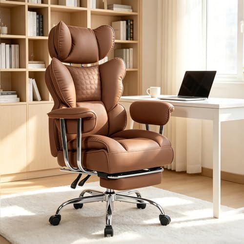 Big and Tall Office Chair 350 LBS, Scratch-Resistant PU Leather Executive Office Desk Chair with Footrest, Ergonomic Reclining Computer Chair with Pocket Spring Support for Home Office, Brown