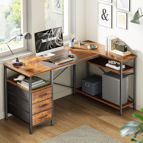 Huuger L Shaped Office Desk with Power Outlets & 3 Drawers