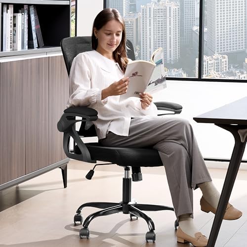 Ergonomic Office Chair,Mesh Office Chair with Lumbar Support,Mid Back Desk Chair with Flip-up Arms,400 lbs Comfy Computer Chair for Home Office (Jet Black)