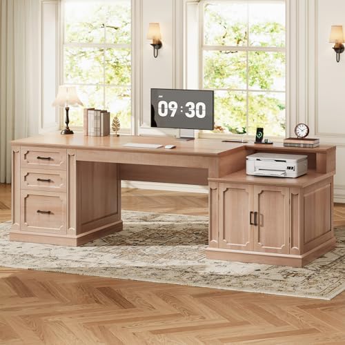 SEDETA Farmhouse 70.9" Executive Desk, Home Office Desk with File Drawers and Storage Cabinet, Computer Desk with Power Outlet for Home Office, Work Study Writing, Oak