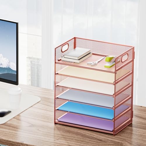 Marbrasse 6 Tier Paper Organizer Letter Tray - Mesh Desk File Organizer with Handle, Paper Sorter Organizer for Letter/A4 Office File Folder Holder - Rose Gold