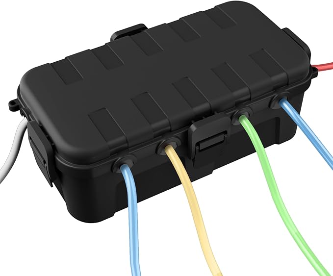 QUOBAS Outdoor Waterproof Electrical Box with 6 Cable Ports, IP54 Weatherproof Heavy-Duty Extension Cord Cover for Power Strips, Garden Power Tools, Holiday Lights, Black
