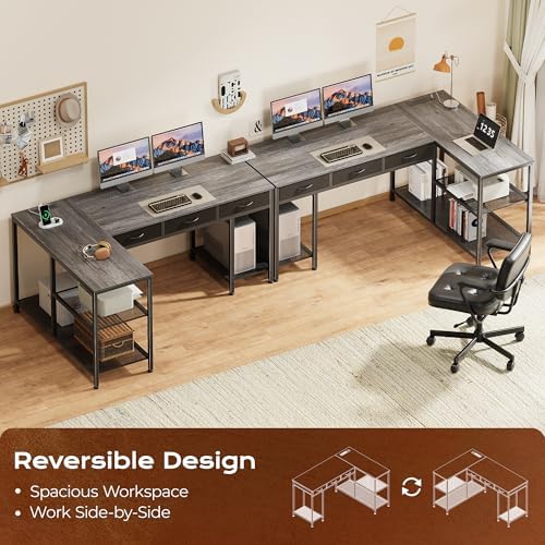 PRAISUN 55 Inch L Shaped Office Desk with Power Outlets and Type-C Port, Large Computer Gaming Desk with 3 Fabric Drawers, Mesh Shelves, Corner Study Work Writing Desk, Grey
