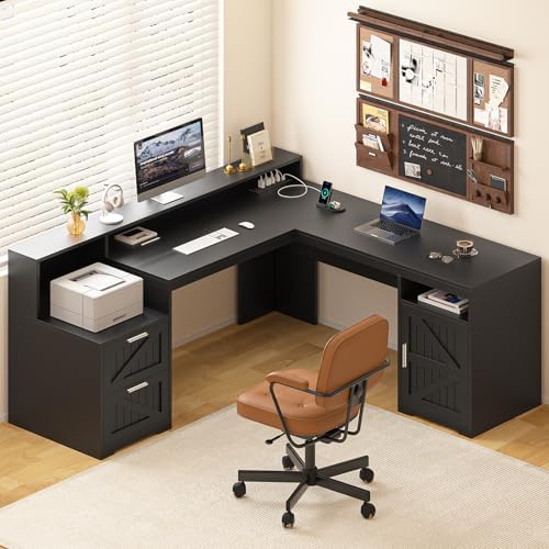 63" Farmhouse L Shaped Desk with Drawers & Printer Shelf for Home Office